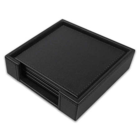DACASSO Black Leatherette 4 Square Coaster Set with Stitched Edging and Holder AG-1318